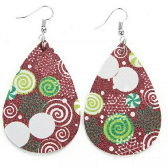 Burgundy Leather Teardrop Holiday Candy Ornaments Dangle Drop Earrings - Picture 4 of 5